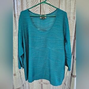 Slinky Brand Women's Ribbed Teal Shirt, Blouse, 3/4" Sleeves, Size 3X